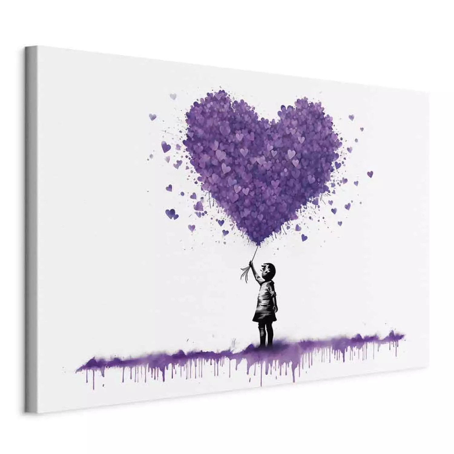 Canvas Art Print Lilac Hearts - Graffiti With a Child Holding Balloons in Banksy Style