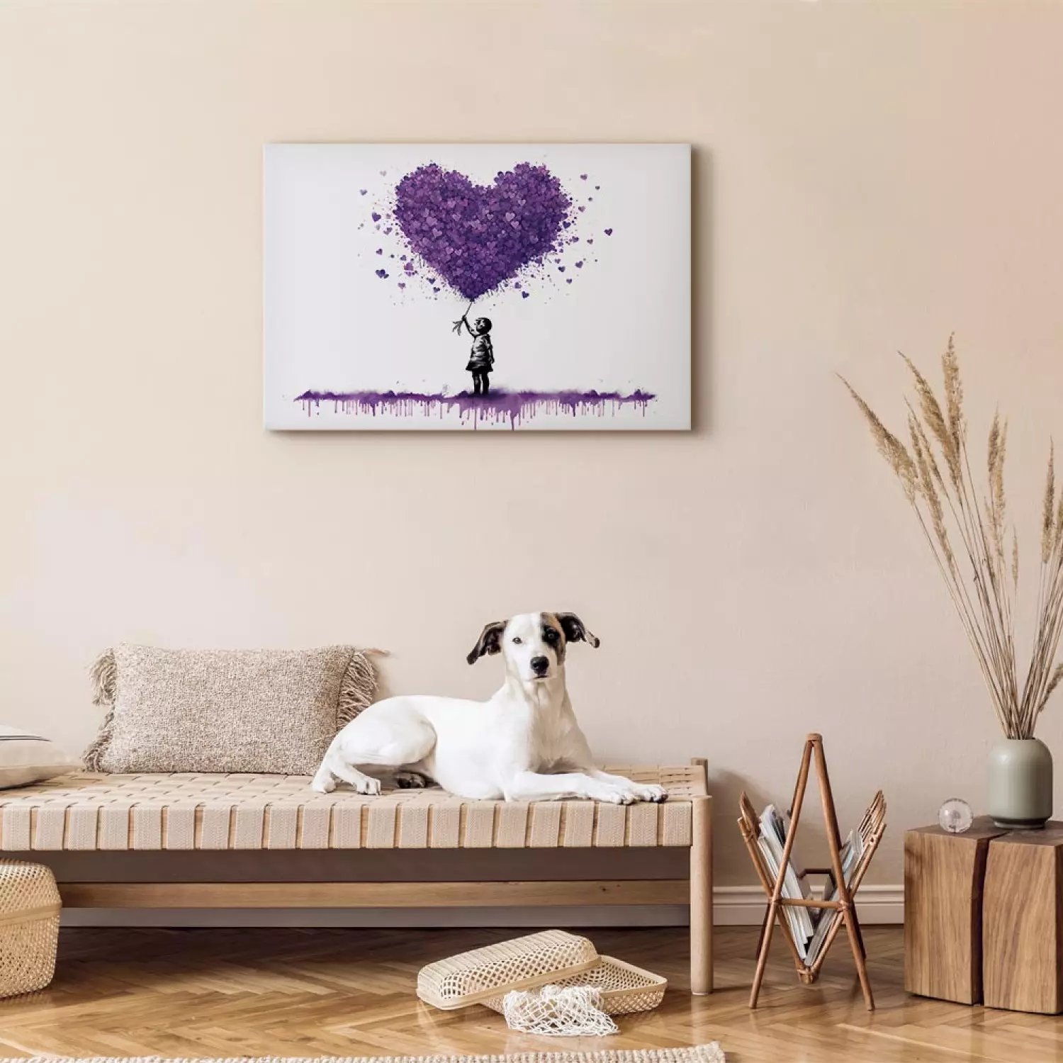 Canvas Art Print Lilac Hearts - Graffiti With a Child Holding Balloons in Banksy Style