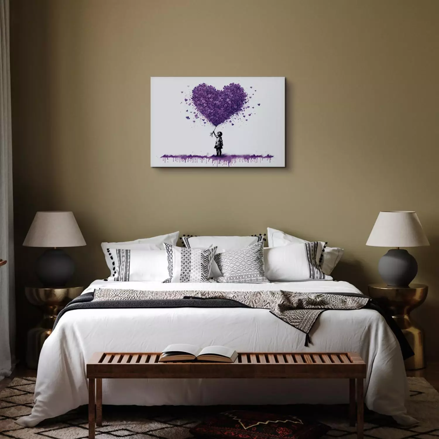 Canvas Art Print Lilac Hearts - Graffiti With a Child Holding Balloons in Banksy Style