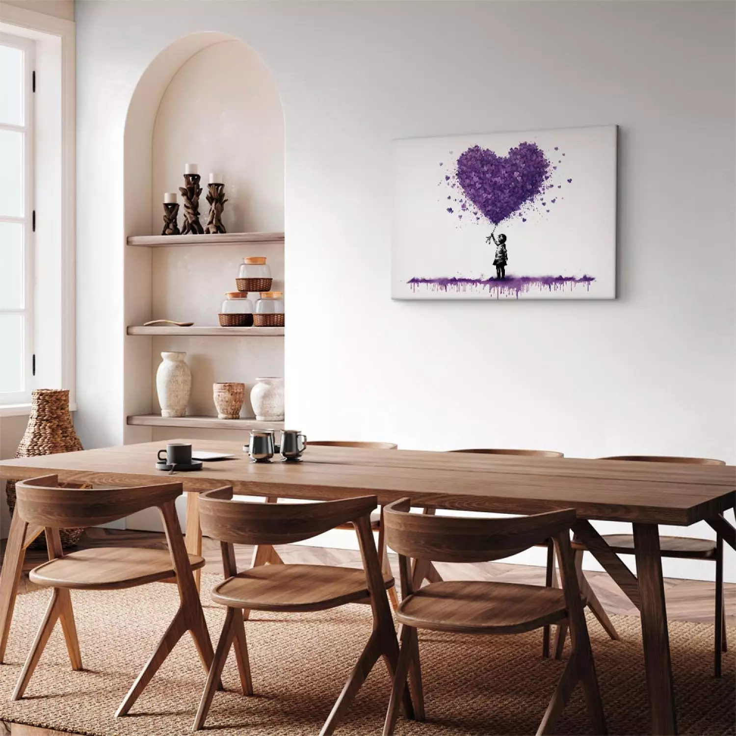 Canvas Art Print Lilac Hearts - Graffiti With a Child Holding Balloons in Banksy Style