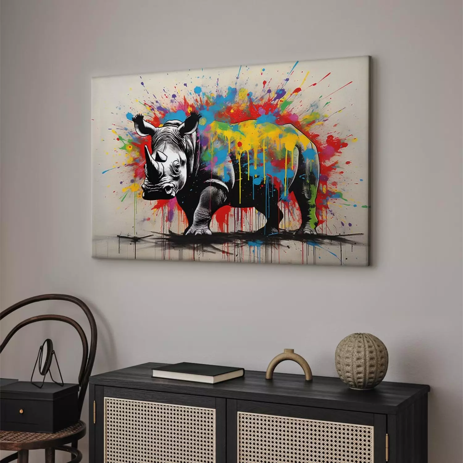 Canvas Art Print Colorful Rhino - A Mural With an Animal Inspired by Banksy’s Style