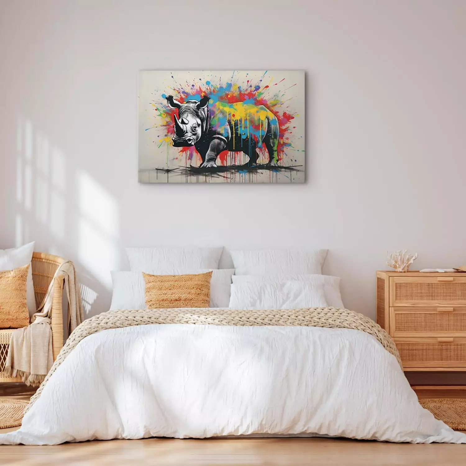 Canvas Art Print Colorful Rhino - A Mural With an Animal Inspired by Banksy’s Style