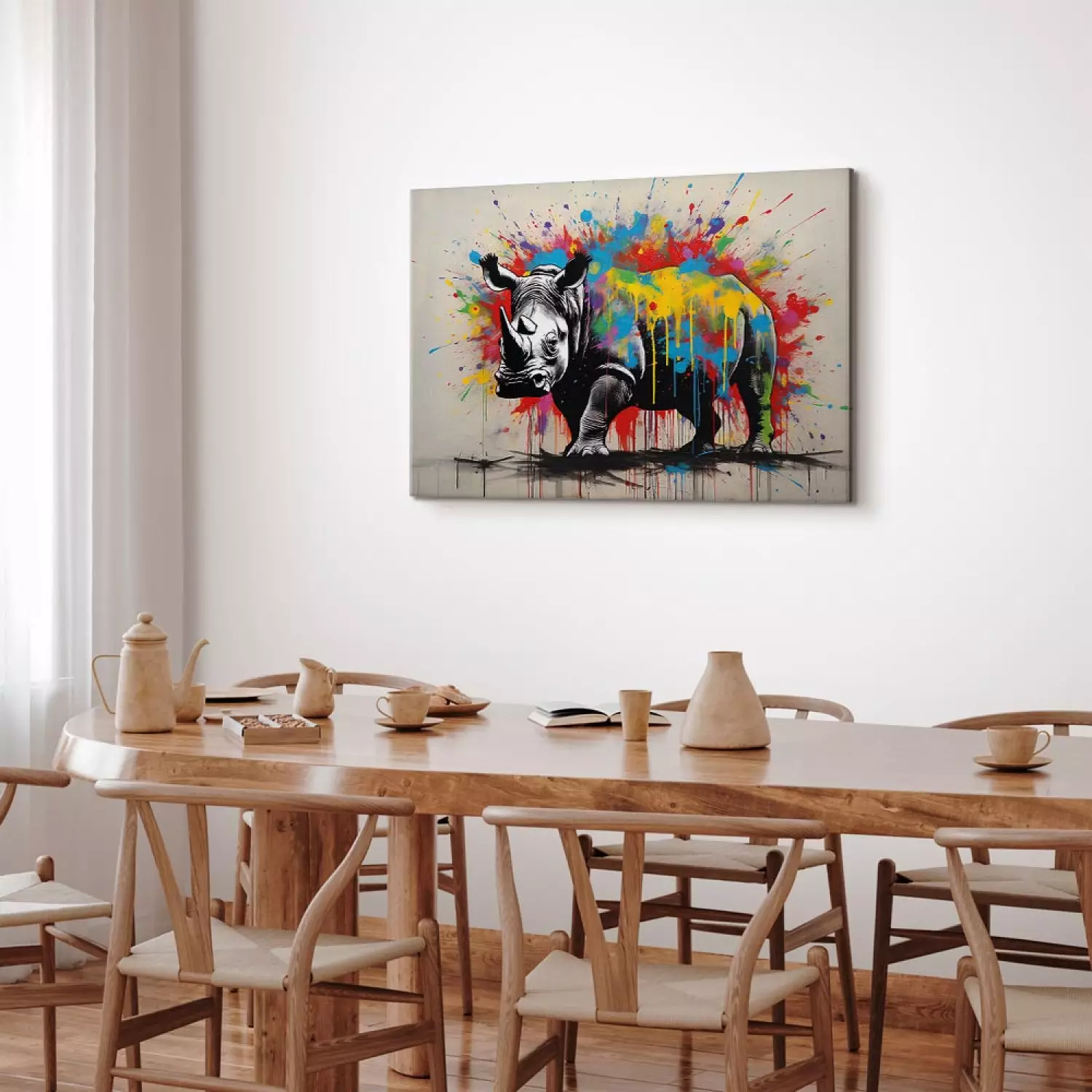 Canvas Art Print Colorful Rhino - A Mural With an Animal Inspired by Banksy’s Style