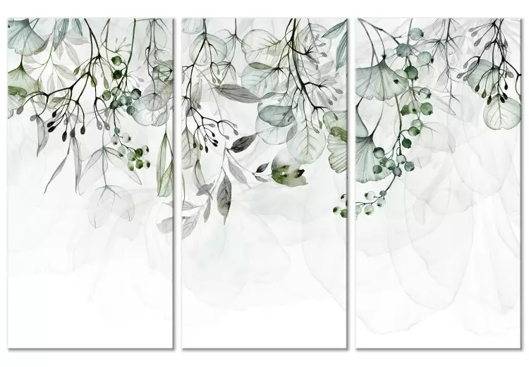 Canvas Watercolor Nature - Green Leaves and Flowers on a White Background