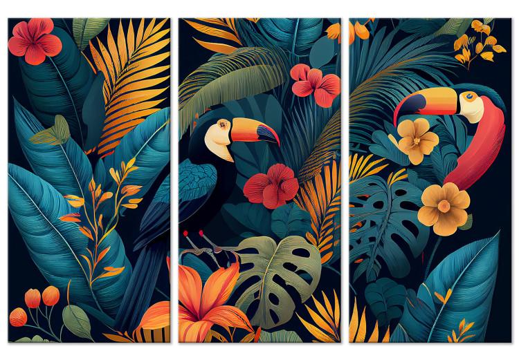 Canvas Birds in the Jungle - Toucans Among Lush Exotic Flowers and Foliage