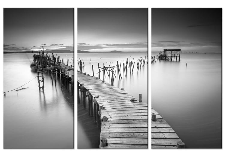 Canvas Black and White Landscape - Pier on the Lake at Sunset