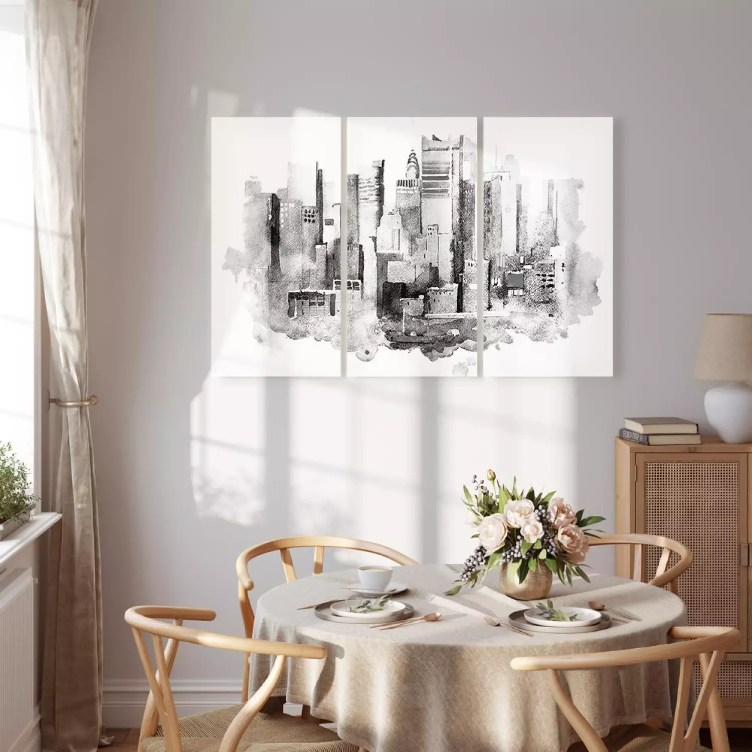Canvas Print Monochromatic Architecture - Urban Landscape Painted in Watercolor
