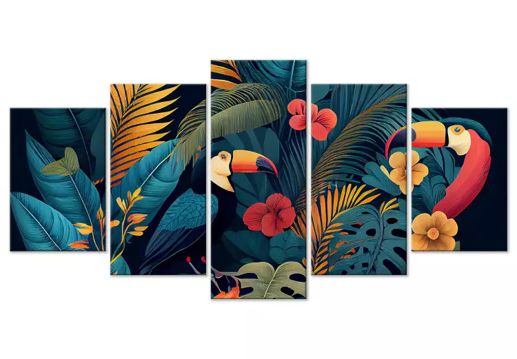 Canvas Birds in the Tropics - Toucans Among Lush Exotic Flowers and Foliage