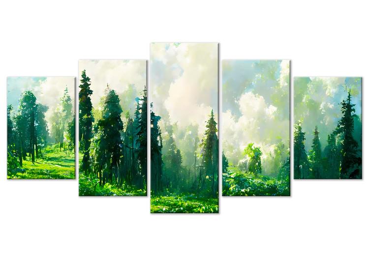 Canvas Trees on the Slope - Mountain Landscape in Watercolor in Green Shades