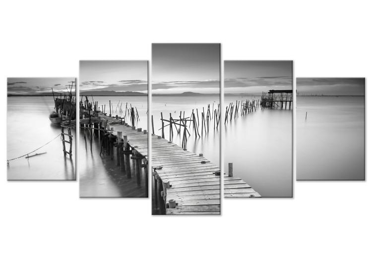 Canvas Bridge on the Lake - Black and White Landscape With Water Against the Background of the Sunset