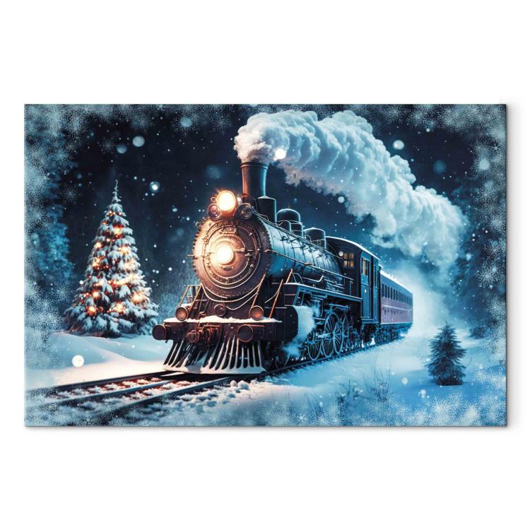 Canvas Christmas Train - Steam Locomotive Driving Through a Snowy Forest at Night