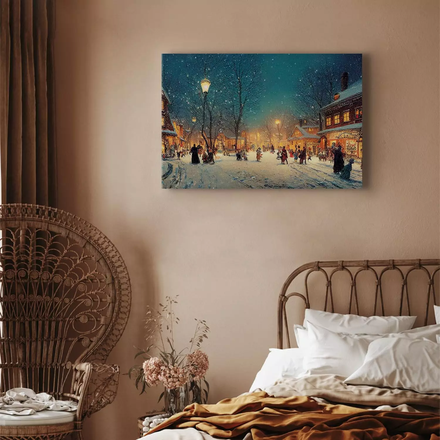 Canvas Print Winter Town Snowy Street Lit up With Retro Lanterns bimago