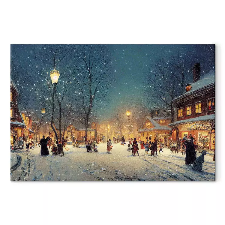 Canvas Winter Town - Snowy Street Lit up With Retro Lanterns