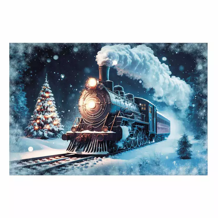 Poster Christmas Locomotive - A Train Traveling Through a Snowy Forest at Night