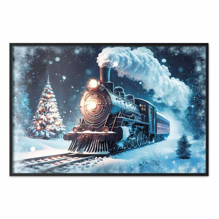 Christmas Locomotive - A Train Traveling Through a Snowy Forest at Night