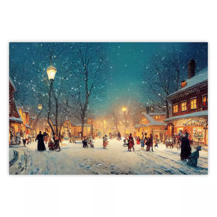 Poster Winter Postcard - A Snowy Street Lit up With Retro Lanterns