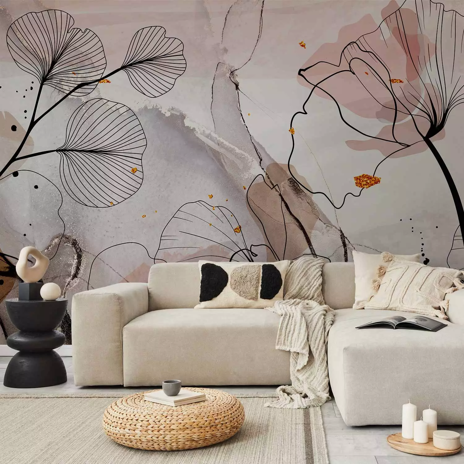 Wall Mural Leaf Outlines - Linear Composition on a Subdued Abstract Background