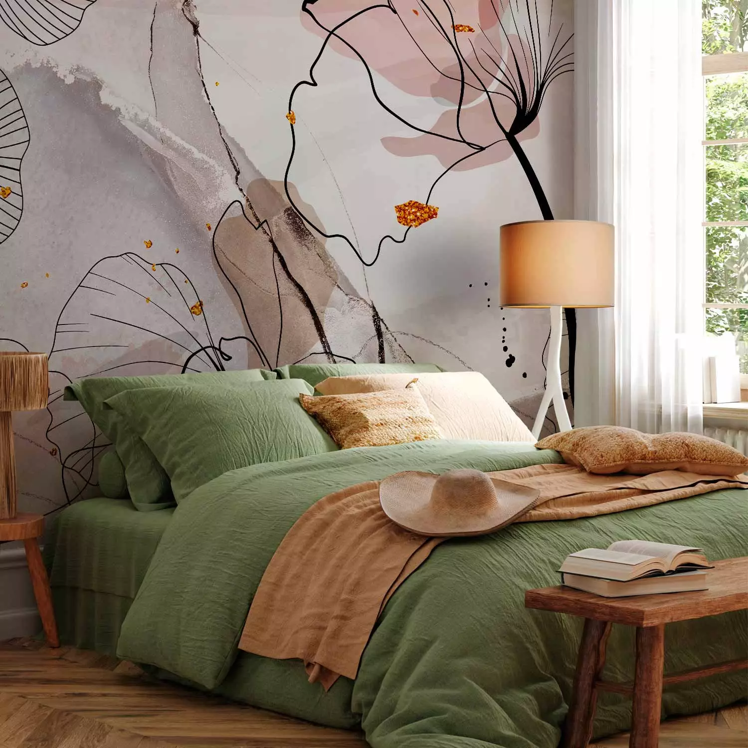 Wall Mural Leaf Outlines - Linear Composition on a Subdued Abstract Background
