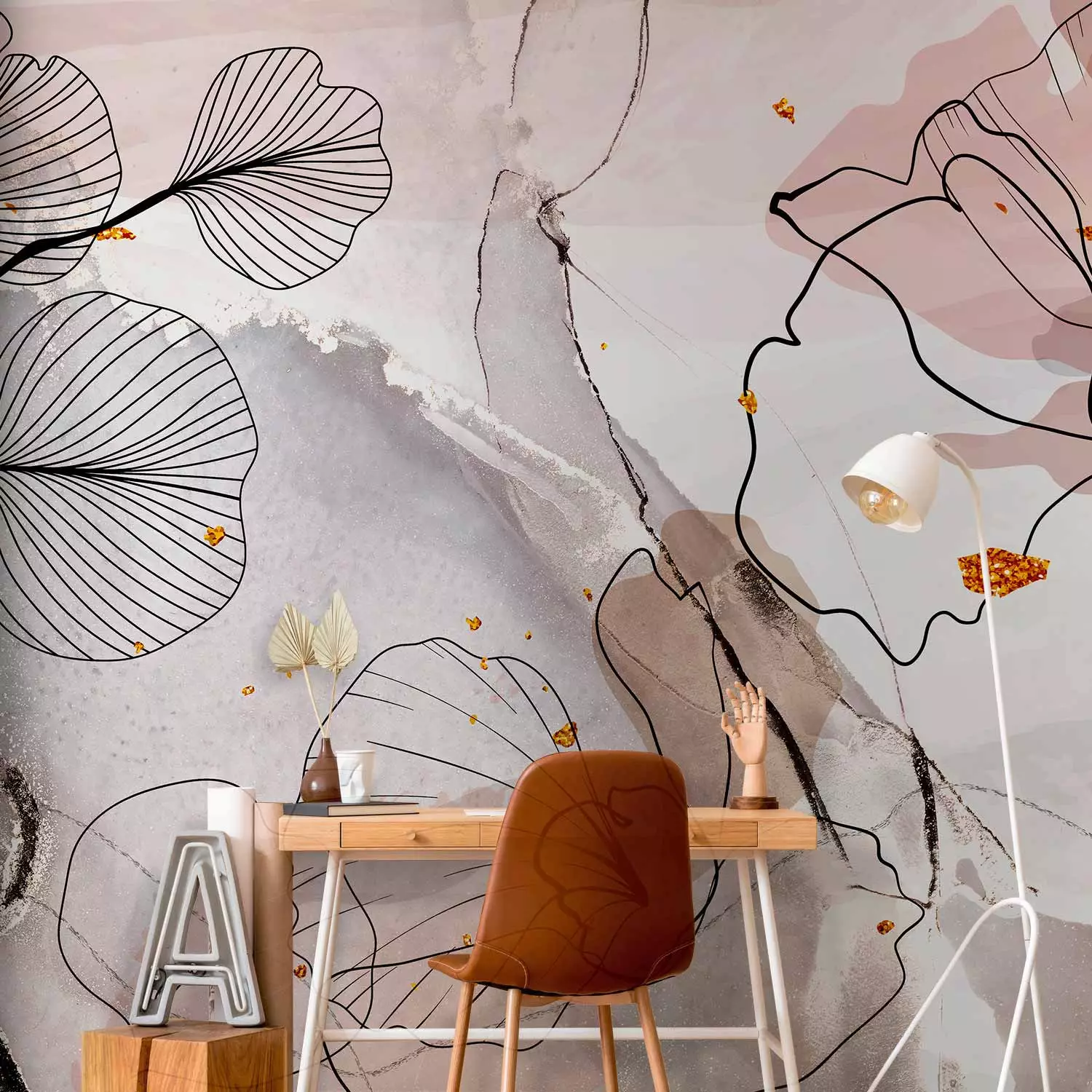Wall Mural Leaf Outlines - Linear Composition on a Subdued Abstract Background