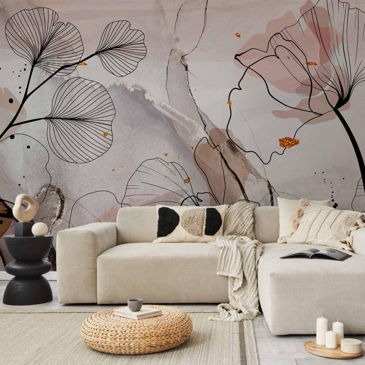 Wall Mural Leaf Outlines - Linear Composition on a Subdued Abstract Background