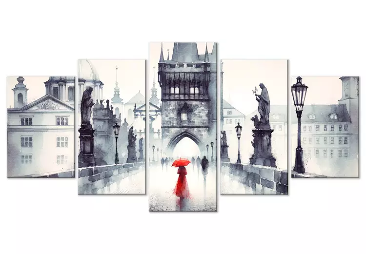 Canvas Charles Bridge - Black and White Landscape of Prague With Red Figure