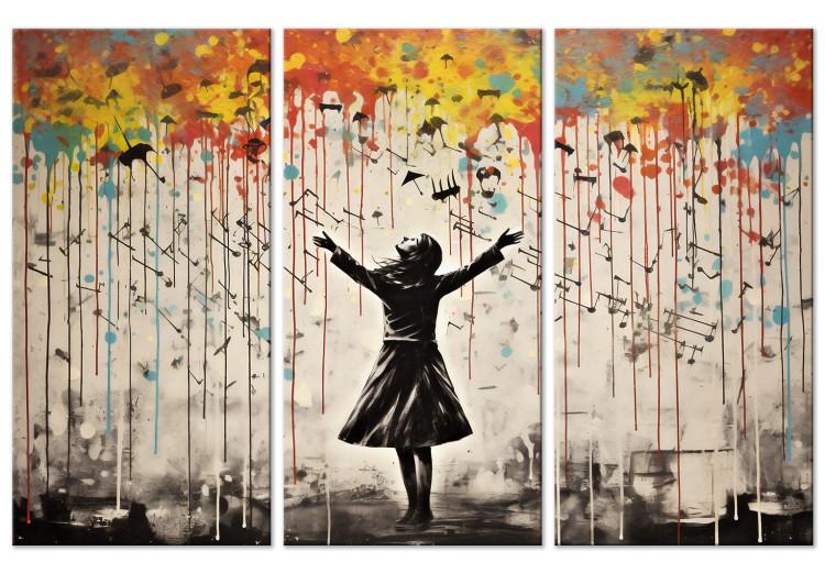 Canvas Singing in the Rain - Colorful Graffiti With a Woman in the Style of Banksy