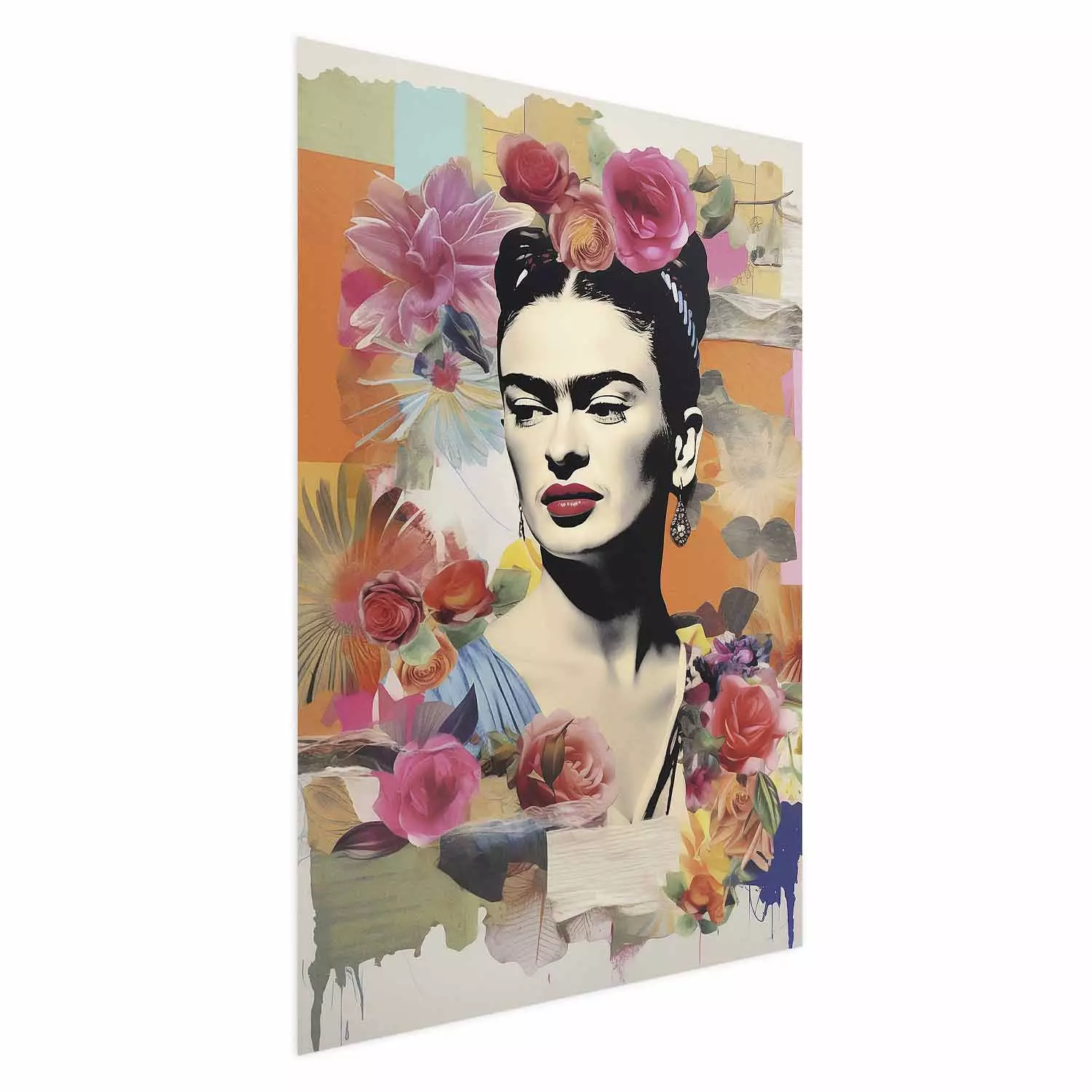 Poster Collage With Frida - Colorful Composition With Portrait and Flowers in the Background