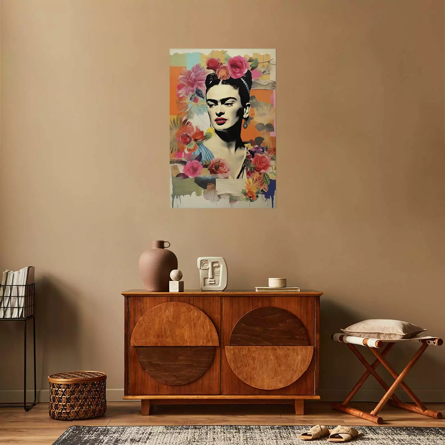 Poster Collage With Frida - Colorful Composition With Portrait and Flowers in the Background