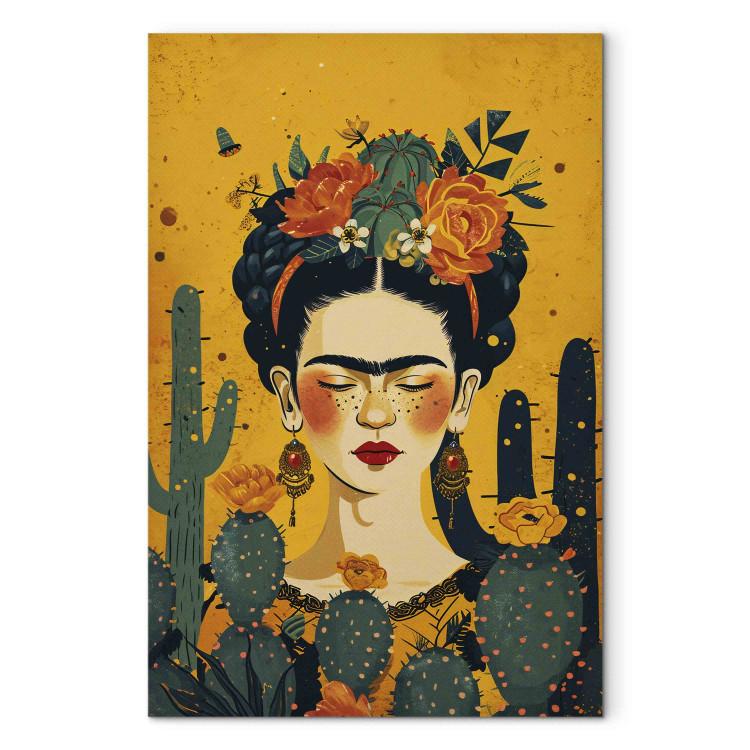 Large canvas print Frida With Cacti - Portrait of the Painter on an Orange Background [Large Format]