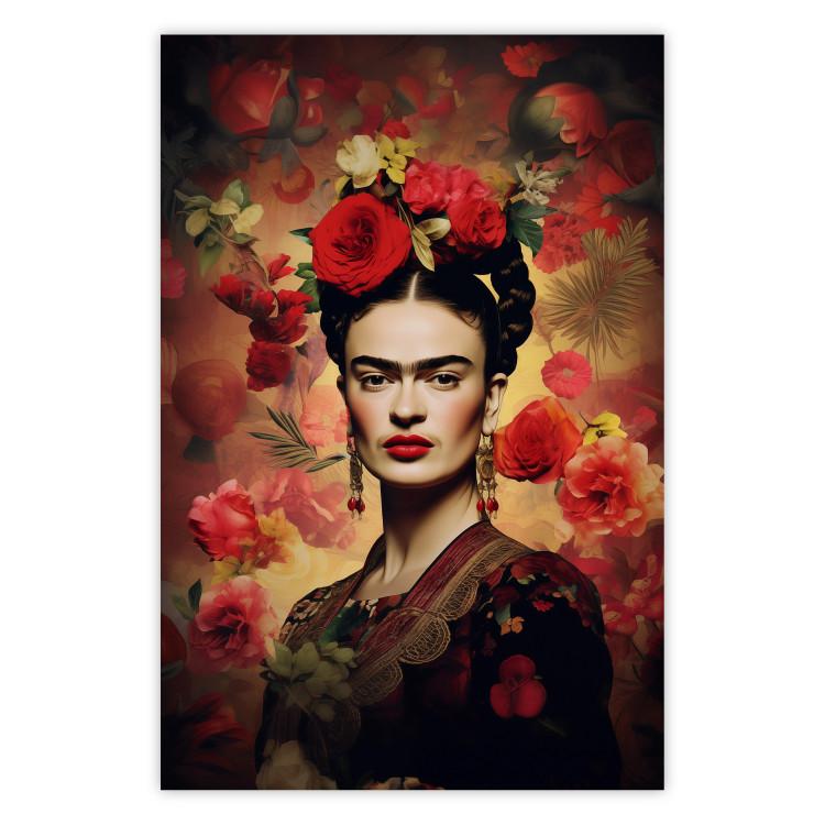 Poster Portrait With Roses - Frida Kahlo on a Brown Background Full of Flowers