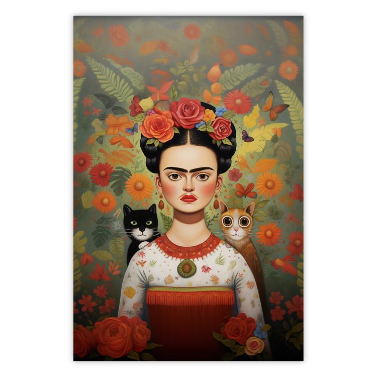 Poster Cartoon Frida - Portrait of a Woman With Two Cats on Her Shoulders