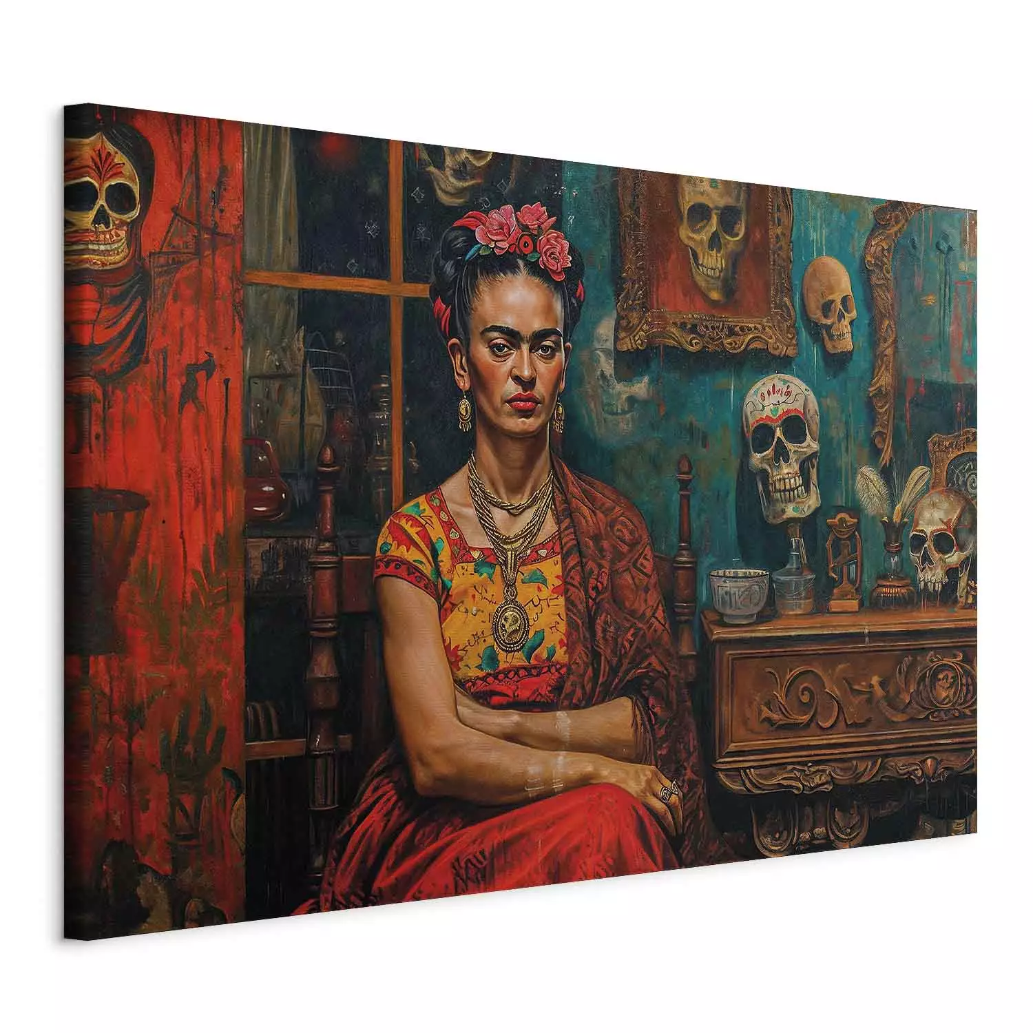 Large canvas print Frida Kahlo - Composition With the Painter Sitting in a Room With Skulls