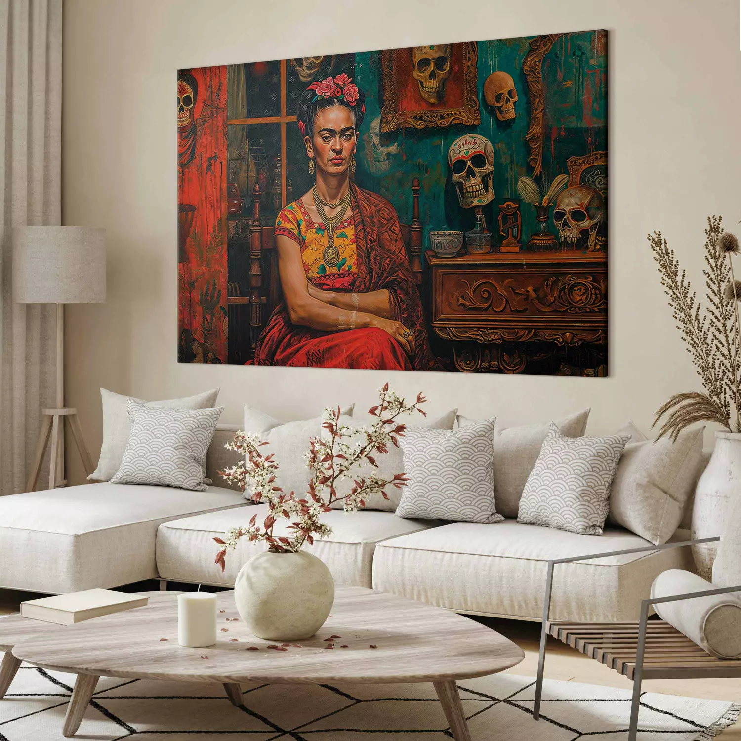 Large canvas print Frida Kahlo - Composition With the Painter Sitting in a Room With Skulls