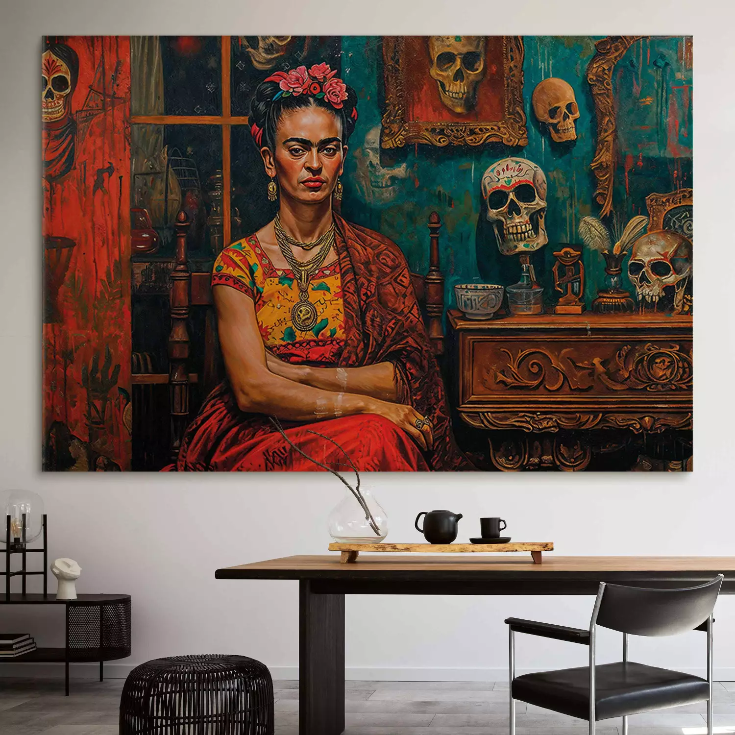 Large canvas print Frida Kahlo - Composition With the Painter Sitting in a Room With Skulls