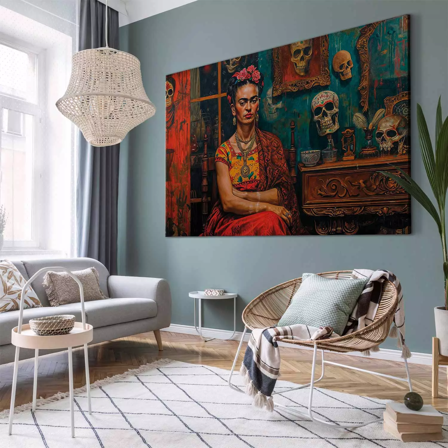 Large canvas print Frida Kahlo - Composition With the Painter Sitting in a Room With Skulls