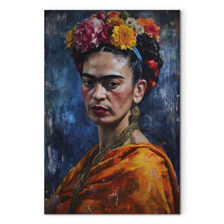 Canvas Frida Kahlo - Painterly Portrait of the Artist on a Dark Blue Background
