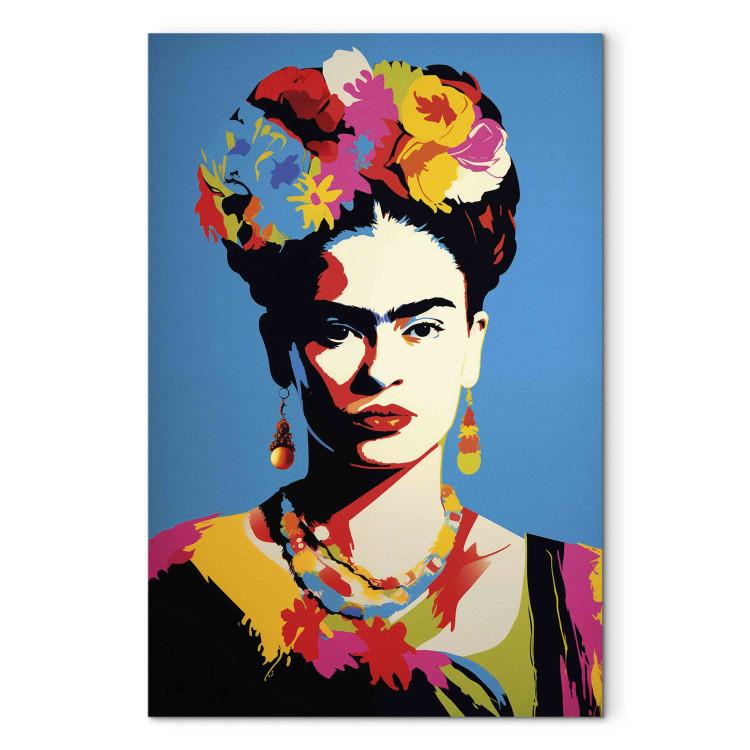 Canvas Frida Kahlo - Portrait of a Woman in Pop-Art Style on a Blue Background