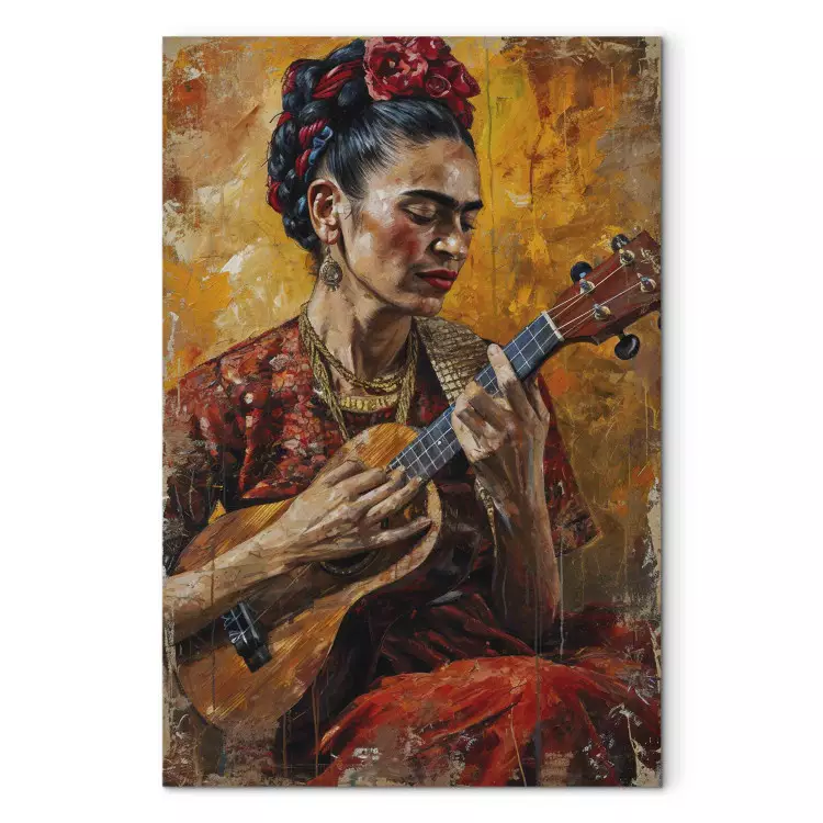 Canvas Frida Kahlo - Portrait of a Woman Playing the Ukulele in Brown Tones