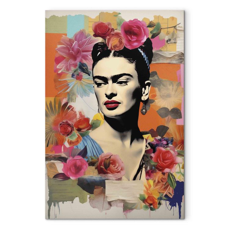 Canvas Portrait of the Painter - Frida Kahlo on a Pastel Floral Background