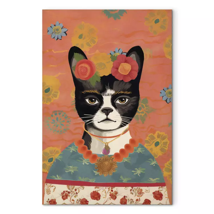 Canvas Animal Portrait - Cat With Flowers Inspired by Frida’s Image
