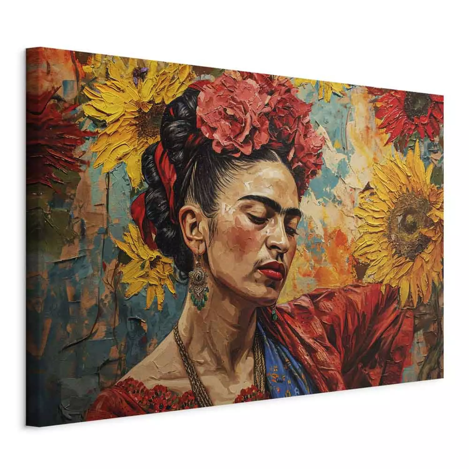 Canvas Print Frida Kahlo Woman Against a Background of Sunflowers in the Style of Van Gogh s Paintings bimago
