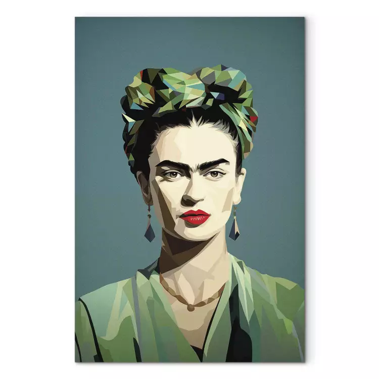 Canvas Frida Kahlo - Minimalist and Geometric Portrait on a Green Background