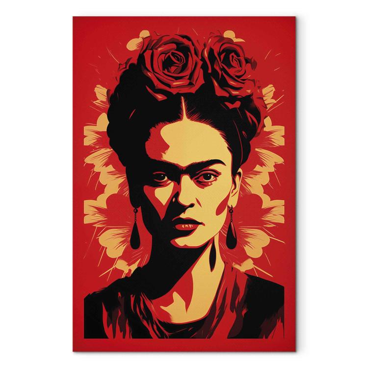 Canvas Frida Kahlo - Portrait With Roses on Head on Red Background