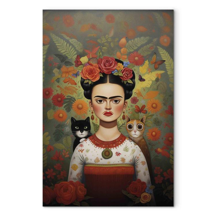 Canvas Cartoon Frida - A Colorful Portrait of the Artist With Two Cats