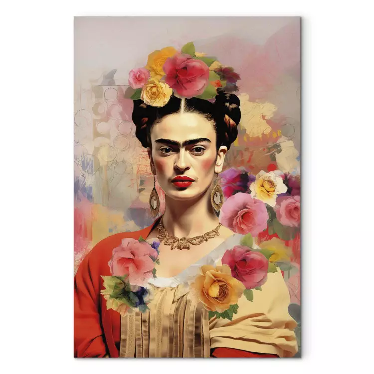 Canvas Portrait of Frida - A Woman on a Colorful Blurred Background With Flowers