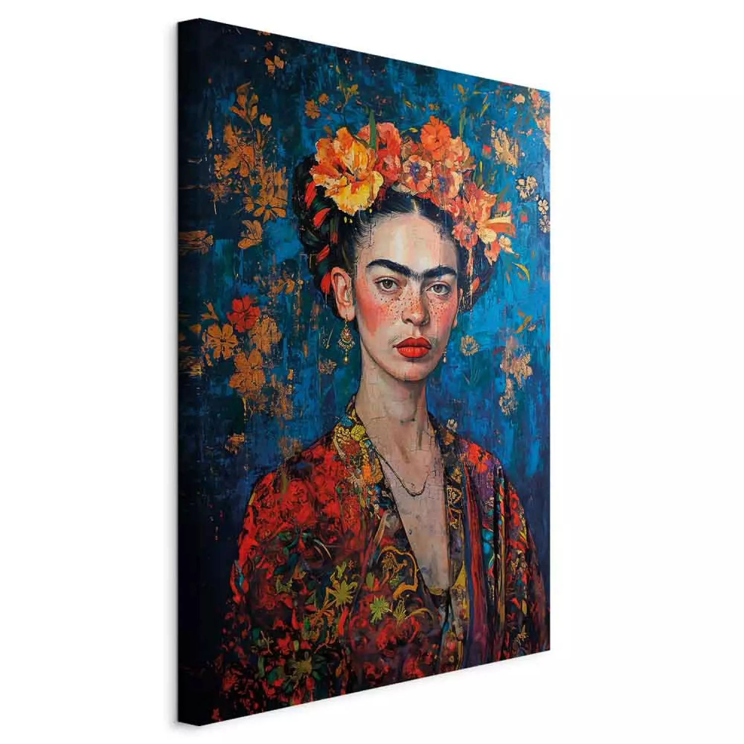Canvas Portrait of Frida - Klimt-Style Composition on a Dark Blue Background
