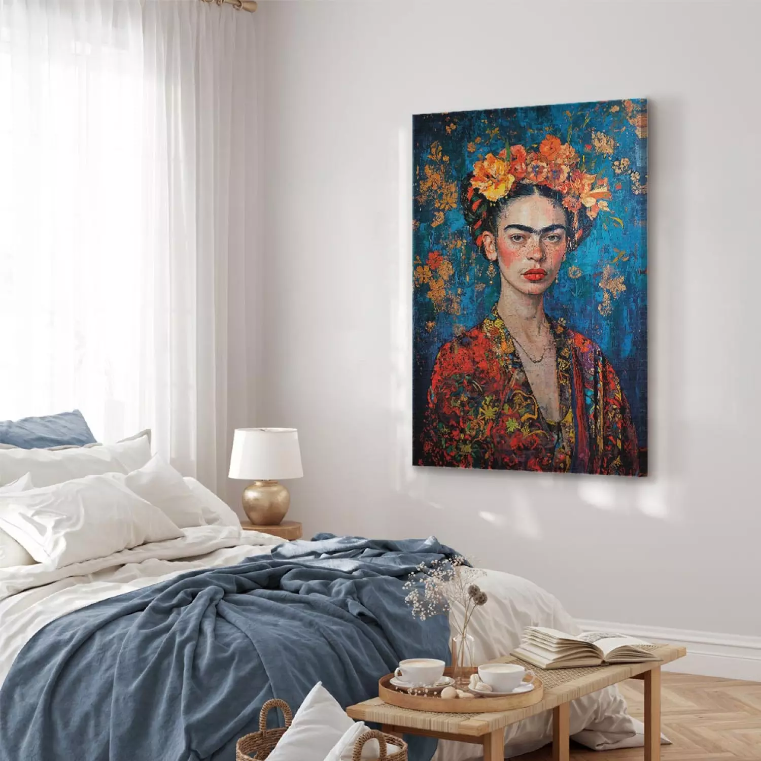 Canvas Portrait of Frida - Klimt-Style Composition on a Dark Blue Background
