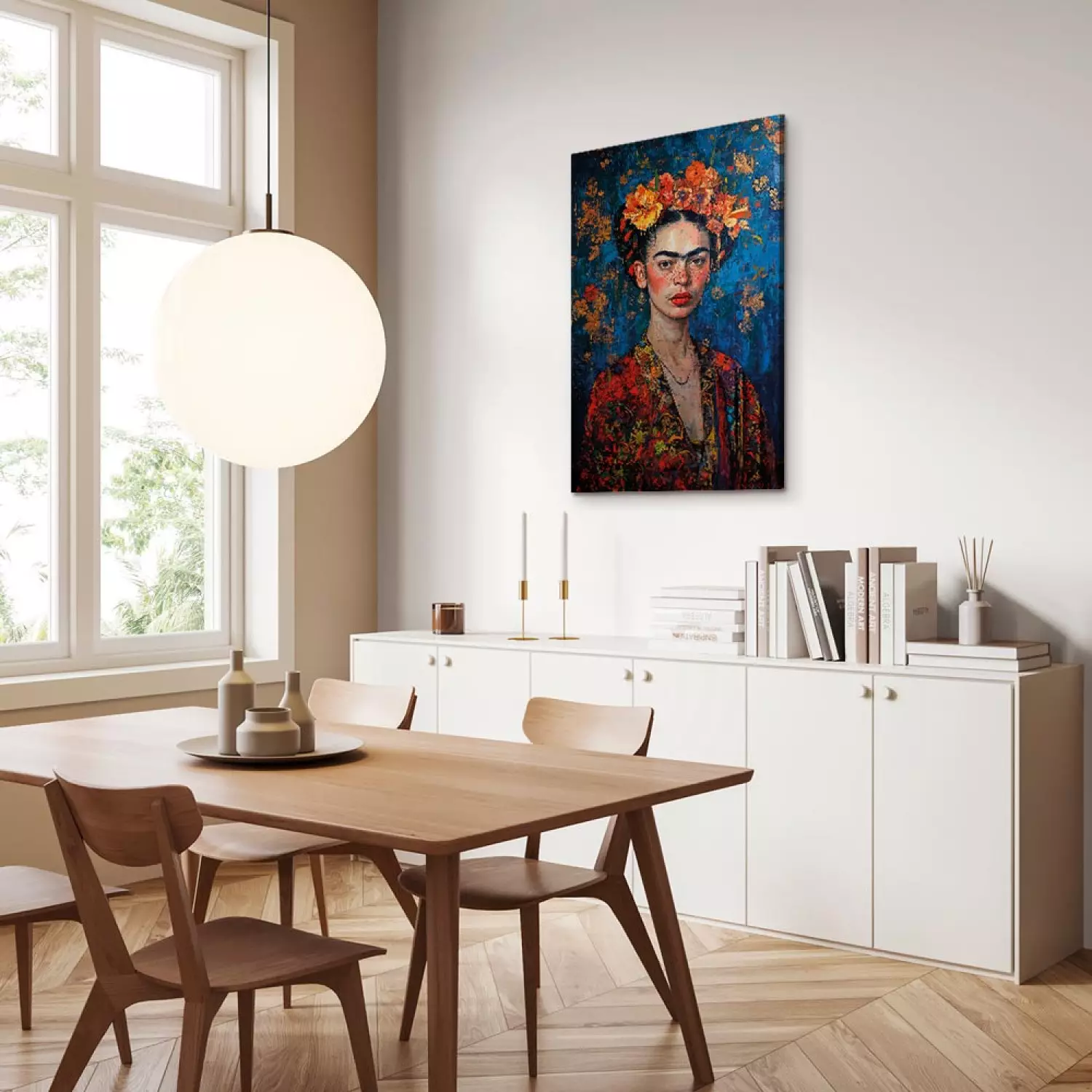 Canvas Portrait of Frida - Klimt-Style Composition on a Dark Blue Background