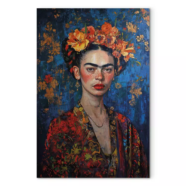 Canvas Portrait of Frida - Klimt-Style Composition on a Dark Blue Background