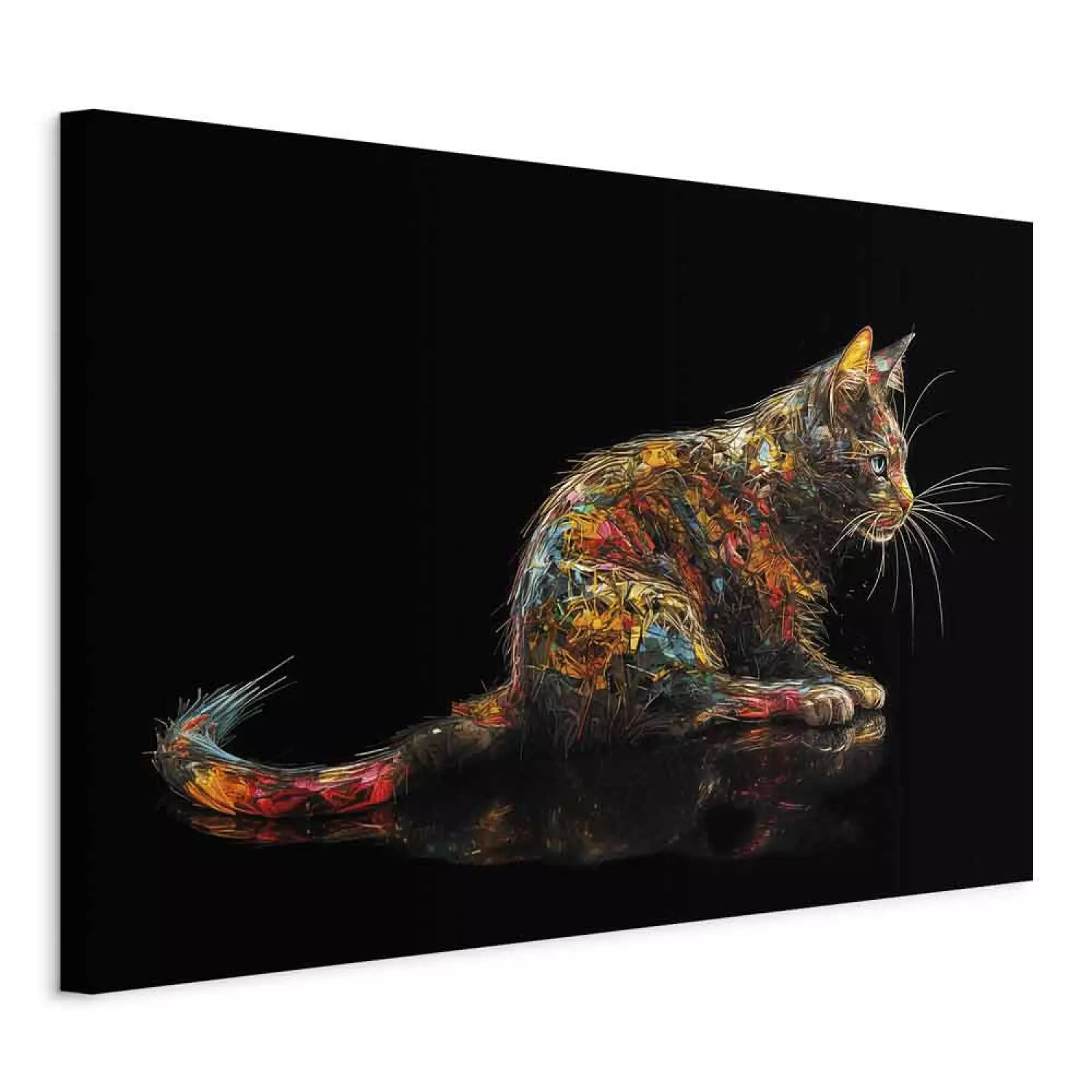 Canvas Art Print Colorful Cat - Gazing Into the Distance Animal Posing on a Black Background